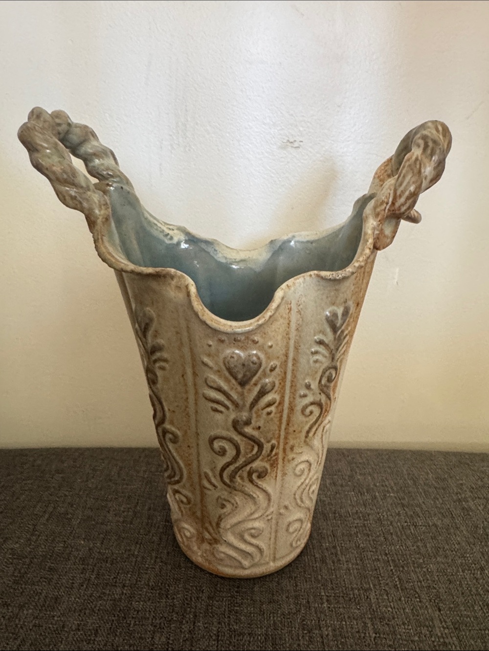 Decorative Ceramic Vase with Twisted Handles - Cream and Pale Blue